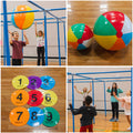 Smiling kids having fun playing 9 Square in the Air with a large beach ball. Two colorful beach balls on a wooden background, and nine plastic colorful poly-spots. 