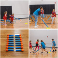 Active students playing floor hockey with 9 Square in the Air Activity Pack components in a gymnasium. Blue and orange cue adapters on a wooden background. 