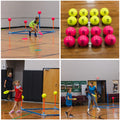 Pink and Yellow neon foam balls on wooden floor. Smiling children being active playing a fun game. 