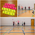 Kids smiling and having fun playing tic-tac-toe with a 9 Square in the Air Deluxe game and bright pink and yellow bean bags. 